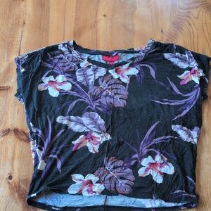 Jennifer Lopez Black and Purple Floral Short Sleeve Top